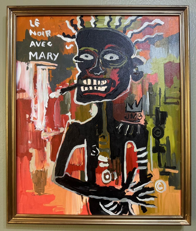 Op de afbeelding: Abstract schilderij in een gouden lijst. Het kunstwerk toont een zwart figuur met een rode mond en witte tanden, die een sigaret vasthoudt. De achtergrond is een mix van rood, oranje en groen. Tekst linksboven luidt "LE NOIR AVEC MARY".