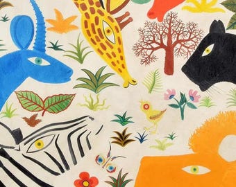 May include: Colorful illustration of various animals including a giraffe, zebra, lion, and panther. The artwork features a vibrant palette of blues, yellows, oranges, and blacks, with floral and plant accents. The artist's signature "MAIK 74" is visible.