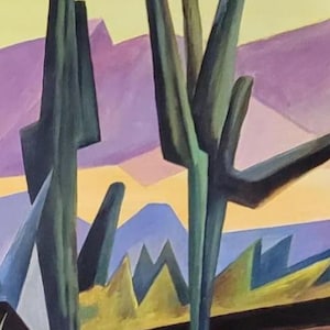 Puede incluir: Pintura abstracta de un paisaje desértico con cactus estilizados en tonos verdes y marrones sobre un fondo de montañas púrpuras y cielo amarillo. La obra tiene un estilo geométrico y una firma en la esquina inferior derecha.