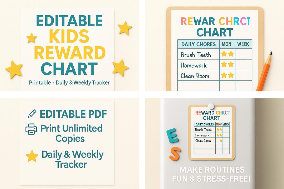 Editable Kids Reward Chart | Chore Responsibility Tracker | Printable ...