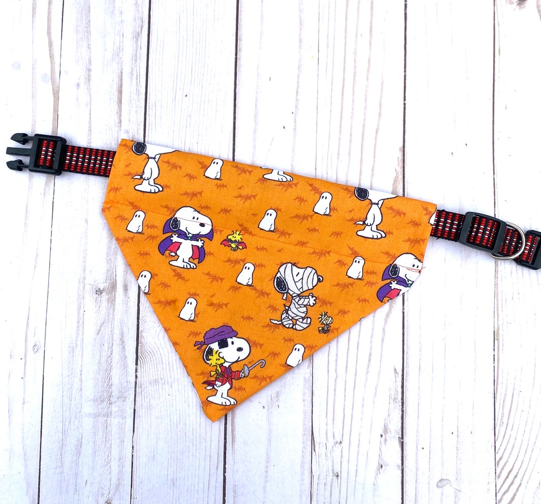 Spooky Halloween Slip-Over Collar Dog Bandana, Orange with print of dog in Halloween Costume, Mummy, Dracula, Ghost, Pirate,