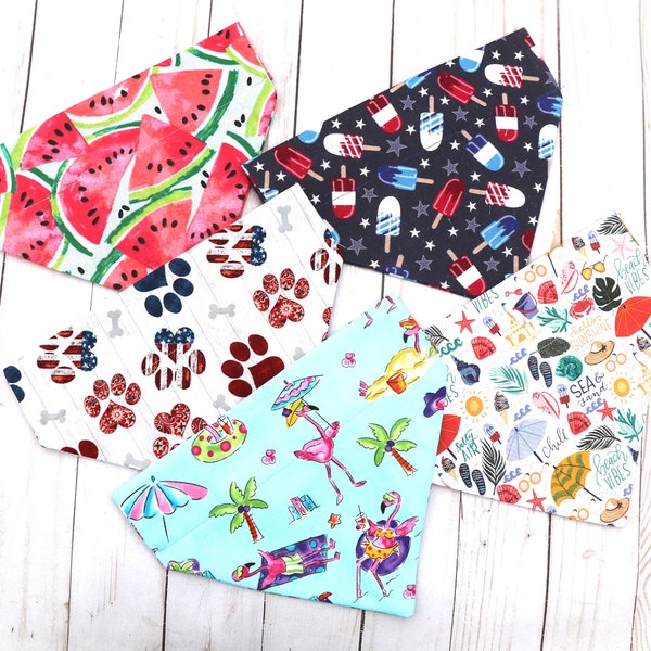 Summer dog bandana, watermelon pink flamingo paw print beach popsicle summer party bandana, slip over the collar bandana, 4th July bandana