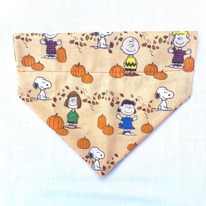 May include: Tan dog bandana featuring a repeating pattern of cartoon characters, pumpkins, and autumn leaves. The characters include Snoopy, Charlie Brown, and other Peanuts characters. The bandana is triangular in shape.