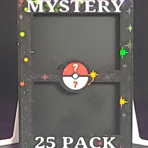 May include: A black rectangular display frame featuring the white text MYSTERY at the top and 25 PACK at the bottom. The frame is decorated with small colorful star accents and a central circular icon resembling a red and white ball with question marks.