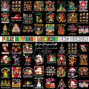 Peut inclure: Un ensemble de motifs PNG colorés sur le thème de Noël mexicain. Les motifs comprennent des illustrations festives du Père Noël, de sombreros, de sapins de Noël et le texte "Feliz Navidad". L'ensemble est intitulé "Feliz Navidad Mexican PNG Bundle".