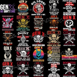 May include: A collection of black t-shirt designs featuring skull graphics, the text "GEN X", and various slogans. The designs incorporate retro elements, rock and roll hand gestures, and the years 1965 and 1980.