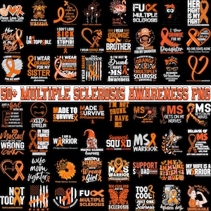 May include: A collection of orange and black graphics and text related to Multiple Sclerosis awareness. The designs include ribbons, slogans, and phrases like "I wear orange" and "Multiple Sclerosis Warrior".