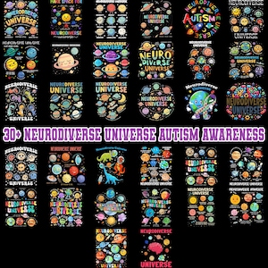 May include: A collection of colorful graphic designs with planets, stars, and the words "Neurodiverse Universe" and "Autism Awareness" on a black background. The designs feature various planets with smiling faces and other celestial elements.