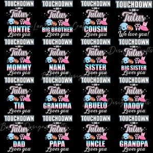 May include: Black background with a repeating pattern of text and graphics. Each design includes a football helmet, football, ballet shoes, and a dress. Text includes phrases like "Auntie loves you" and "Touchdown."