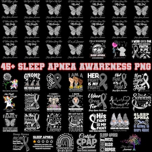Może przedstawiać: Kolekcja grafik PNG na czarnym tle, zawierająca teksty i ilustracje związane ze świadomością bezdechu sennego. Projekty obejmują motyle, wstążki, gnomy i frazy takie jak "Noszę szary dla" i "Jej walka to moja walka."