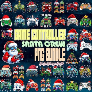 May include: A festive collection of game controller designs with a Christmas theme. Controllers are adorned with Santa hats, fairy lights, and holiday patterns. Text includes "Game Controller Santa Crew PNG Bundle" and "The Gamer Elf".