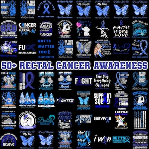 Puede incluir: Una colección de gráficos azules para la concienciación sobre el cáncer de recto. Los diseños incluyen mariposas, cintas y texto como "Fight", "Support" y "Survivor". La imagen promueve la concienciación y el apoyo a los afectados.