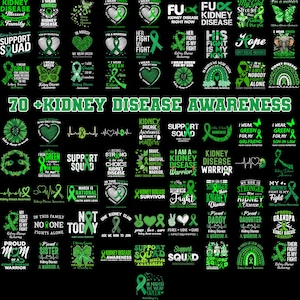 Puede incluir: Una colección de más de 70 gráficos con cintas verdes, corazones y texto que promueven la concienciación sobre la enfermedad renal. Los diseños incluyen frases como "Support Squad" y "I Wear Green" sobre un fondo negro.