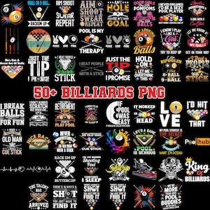 Puede incluir: Una colección de más de 50 gráficos PNG con temática de billar, con varios diseños con bolas de billar, tacos y frases humorísticas. Los diseños incluyen texto como "Aim Shoot Swear Repeat" e "I Beat People With A Stick."