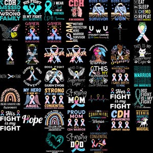 May include: A collection of graphic designs with text and symbols related to Congenital Diaphragmatic Hernia (CDH) awareness. Designs include ribbons, angel wings, and phrases like "His Fight Is My Fight" and "Warrior". The color palette includes teal, pink, and blue.