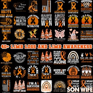 Puede incluir: Una colección de diseños de concienciación con cintas naranjas y texto, incluyendo "Pérdida de extremidades y concienciación sobre las diferencias de extremidades", gnomos y frases como "Llevo naranja por mi esposa".