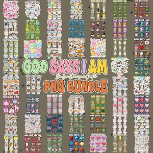 以下が含まれることがあります： ハート、蝶、インスピレーションを与える引用句など、さまざまなデザインのカラフルなPNGステッカーのコレクション。「GOD SAYS I AM」のテキストが目立ち、「PNG BUNDLE」と「Ba Lan Designs Crafts」も表示されています。
