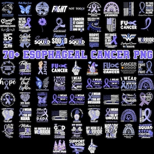 May include: A collection of PNG graphics with purple ribbons and text related to esophageal cancer awareness. Designs include phrases like "Support Squad," "I Wear Periwinkle," and "Fight." The graphics are on a black background.