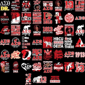 May include: A collection of red and white Delta Sigma Theta sorority graphics on a black background. The designs include text, elephants, and the number 1913. Some designs feature phrases like "Black History" and "Educated."