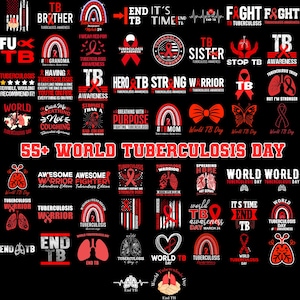 Può includere: Una collezione di grafica e testo rossi e bianchi relativi alla sensibilizzazione sulla tubercolosi. I disegni includono nastri, polmoni e frasi come "Fight TB" e "World Tuberculosis Day."