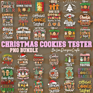 May include: A collection of Christmas-themed PNG graphics featuring various designs related to cookies. The designs include text such as "Official Cookie Taster" and images of gingerbread men, Christmas trees, and stars. The text "Christmas Cookies Tester PNG Bundle" is also present.
