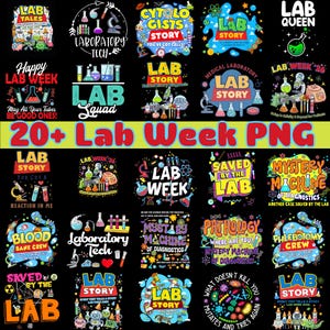 Puede incluir: Una colección de más de veinte gráficos PNG coloridos con diseños temáticos de laboratorio. Los diseños incluyen texto como "Lab Week", "Lab Story" y "Cytologists Story", junto con ilustraciones de equipos de laboratorio e imágenes relacionadas con la ciencia.