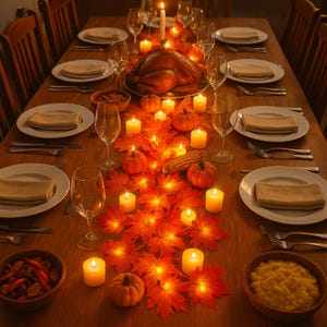May include: A dining table set for a Thanksgiving meal, featuring white plates, cutlery, and wine glasses. A roasted turkey is the focal point, with pumpkins, candles, and autumn leaves. Bowls of food are arranged around the table.