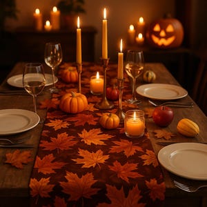 May include: A festive autumn table setting with lit candles, pumpkins, and wine glasses. A dark brown table runner with orange leaf patterns complements the warm tones of the pumpkins and candles. A carved pumpkin adds to the seasonal decor.