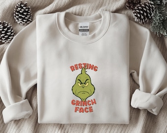 Rustend Grinch Face-sweater met ronde hals, Grinchmas cadeau-shirt, retro kerst Grinch-shirt, meme-shirt kerst, lelijke kersttrui