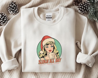 Sudadera navideña retro de Barbie "Trineo todo el día", Camiseta de Papá Noel para mujer, Suéter divertido para amantes del café, Camisetas para mamás, Camiseta vintage de Barbie