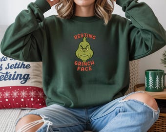 Retro Christmas Grinch Shirt, Rusting Grinch Face Sweatshirt met ronde hals, Grinchmas Gift Shirt, Meme Shirt Christmas, Ugly Christmas Sweater