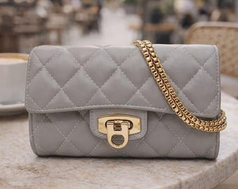 Quilted Crossbody Bag: Small Grey Purse with Gold Chain