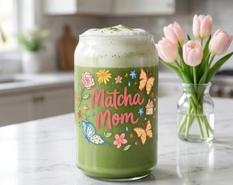 Matcha Mom Can-Shaped Glass, Pink Floral Watercolor, Mother's Day gift, Matcha Cup, Latte Lover, Tea for Mom