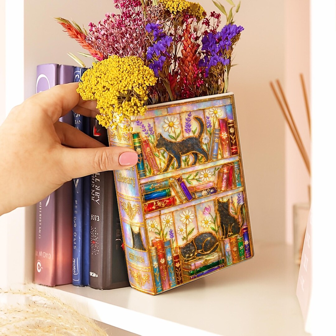 Personalized Cat Library Book Vase, Stained Glass Bookish Decor Gift ...