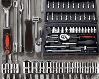 Kit de ferramentas com 46 peças: soquetes métricos, bits hexagonais, chave de catraca para reparos automotivos