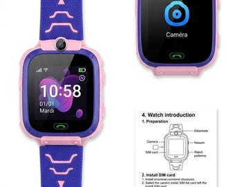 Smartwatch infantil com câmera e função de segurança SOS, disponível em 2 cores: roxo, rosa ou azul.