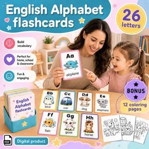 English Alphabet Flashcards for Kids | ABC Printable Learning Cards | Preschool & Toddler Homeschool Activity | BONUS Coloring Pages