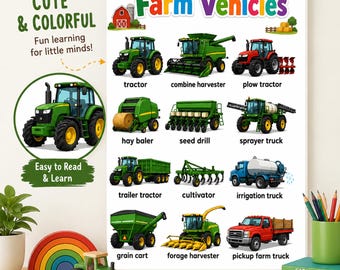 Tableau éducatif imprimable sur les véhicules de ferme, affiche d'apprentissage du tracteur, art mural pour enfants PDF