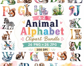 Watercolor Baby Animal Alphabet PNG Bundle, A-Z ABC Clipart, Nursery Alphabet Art, Kids Educational Printable, Transparent PNG Download