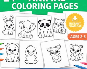 24 Animal Coloring Pages for Kids, Toddler Printable Coloring Book, Preschool Activity PDF, Easy Bold Baby Animals, Instant Download
