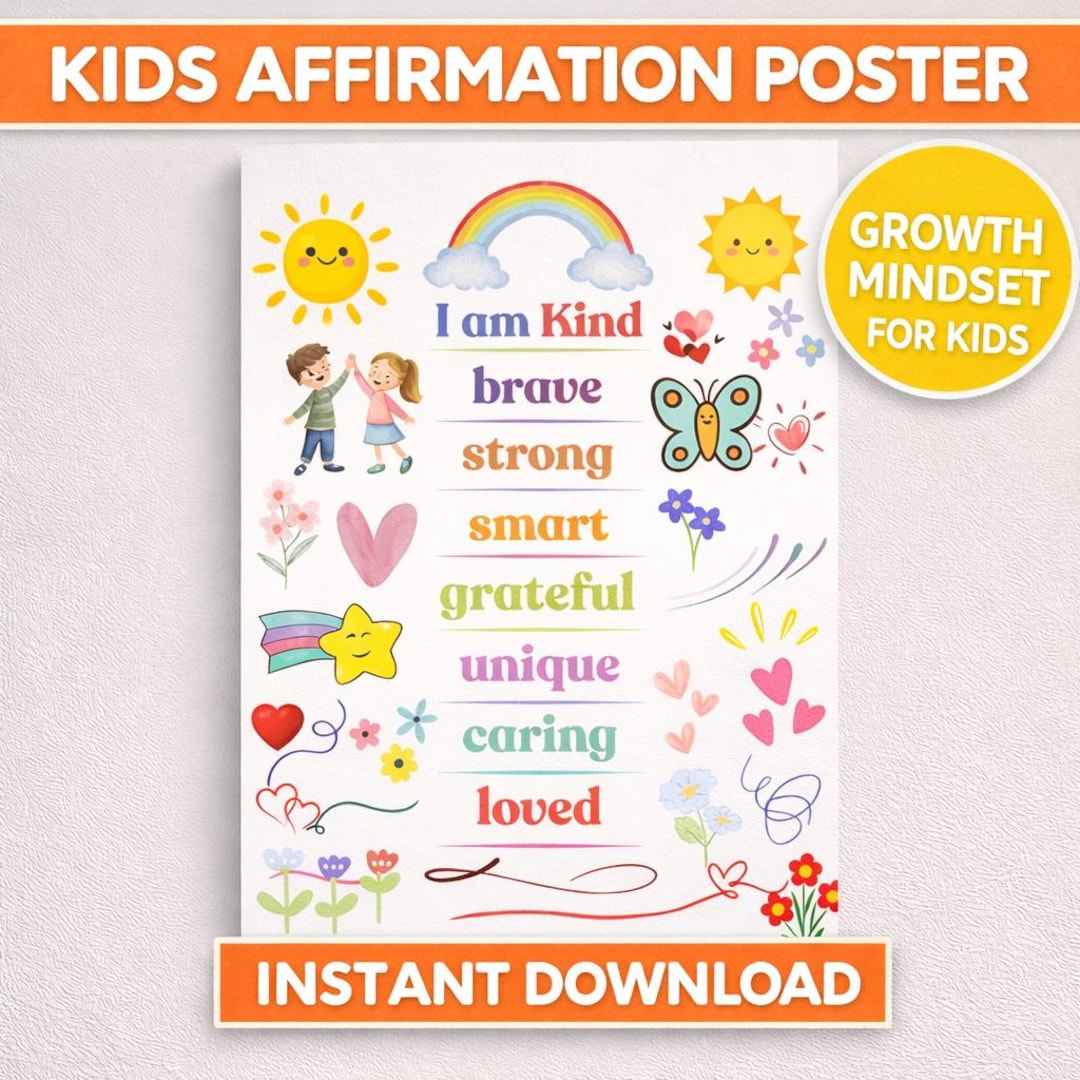 Kids Affirmation Poster Printable, I Am Positive Wall Art, Growth ...