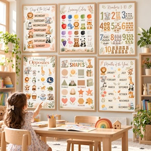Op de afbeelding: Een set van zes educatieve wandposters met illustraties van dieren en natuurthema's. De posters tonen de dagen van de week, kleuren, getallen 1-10, tegenstellingen, vormen en de maanden van het jaar met bijbehorende teksten.
