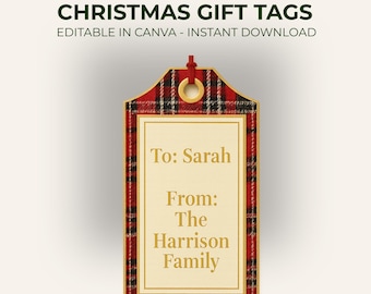 45 Christmas Gift Tags - 12 Editable Tags + 33 Bonus Printable Tags - Plaid Canva Template - Instant Download