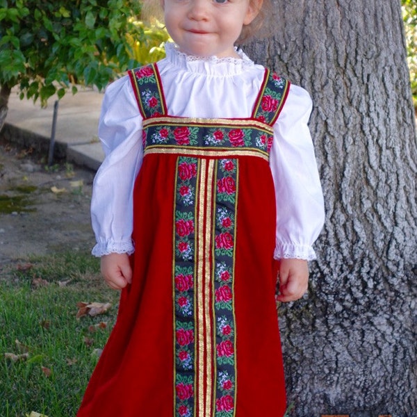 Sarafan "Alyonushka", Little Russian Beauty costume, red with floral trims traditional dress, size 18-24 mo