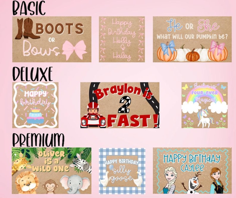 Op de afbeelding: Een verzameling op maat gemaakte feestborden met verschillende thema's. De borden bevatten tekst als "Boots or Bows", "Happy Birthday" en "He or She". De borden bevatten illustraties van pompoenen, eenhoorns en stripfiguren.