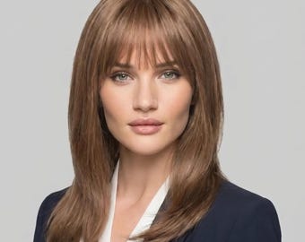 Beginner brown straight wig with bangs | Natural Brunette Synthetic Hair | Mature and Young Woman Wig | Heat Friendly