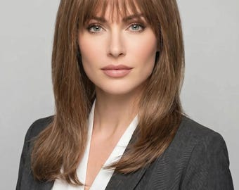 Beginner brown straight wig with bangs | Natural Brunette Synthetic Hair | Mature and Young Woman Wig | Heat Friendly