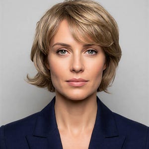 Peut inclure: Portrait d'une femme aux cheveux blonds courts et en couches et aux yeux bleus, portant un blazer bleu marine. L'image est un portrait de la tête et des épaules sur fond gris uni. La femme a une expression neutre.