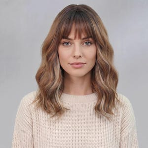 May include: A woman with wavy, shoulder-length hair with highlights and a fringe. She is wearing a cream-coloured, knitted jumper. The background is a solid, light grey.