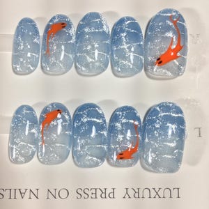 Ocean Wave Press On Nails | Blue Mermaid Koi Fish Beach Set | Luxury Handmade Reusable Glue On Manicure | Summer Aesthetic Gift for Her